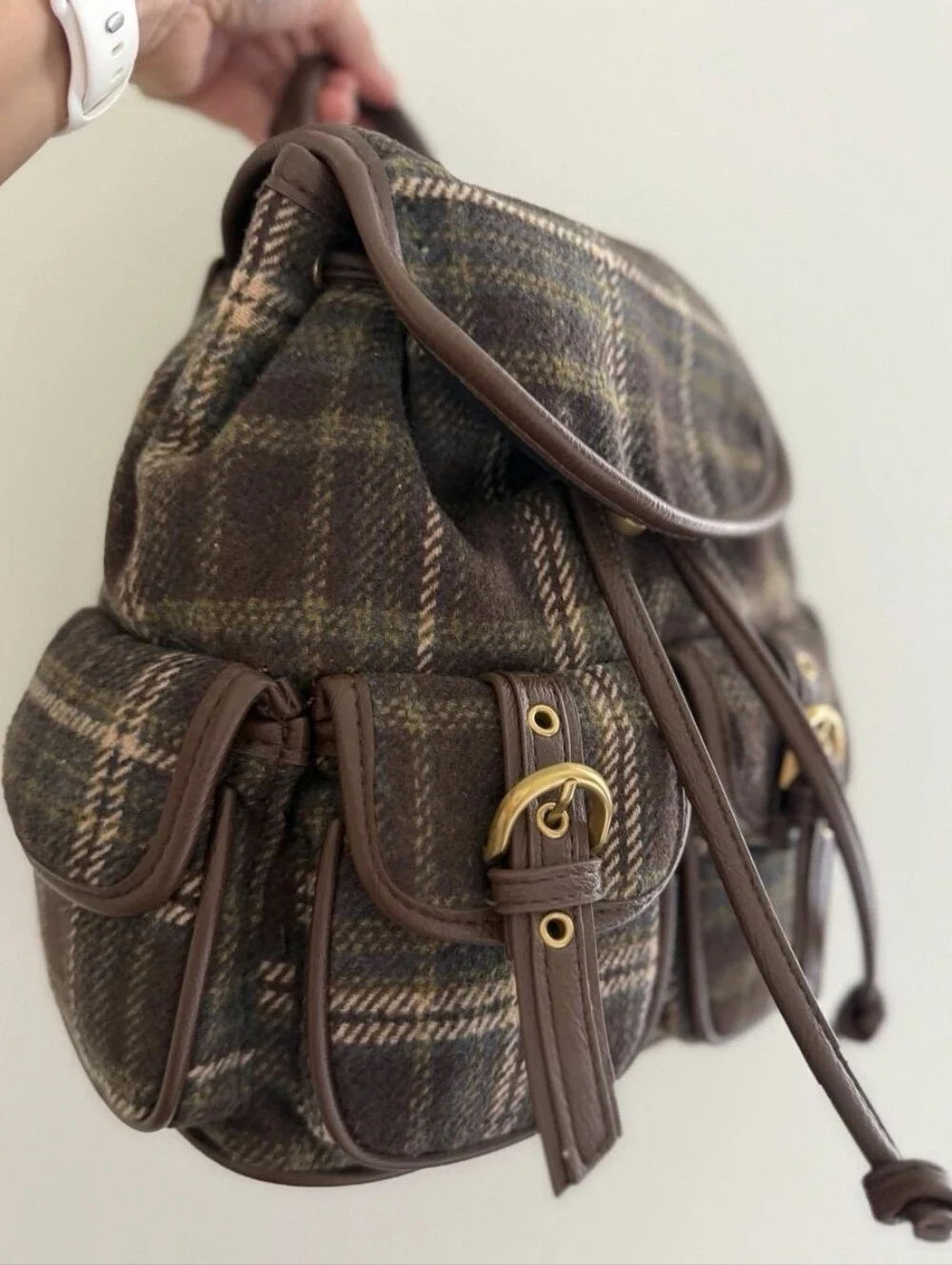 Madden Girl Brown Plaid Mini Backpack with Gold Hardware